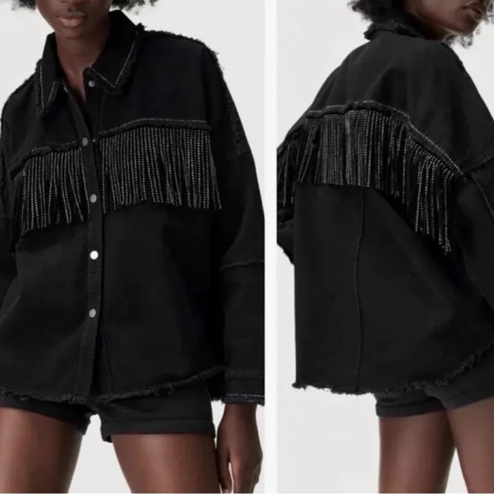 Zara Rhinestone Fringe Jacket - Taupe